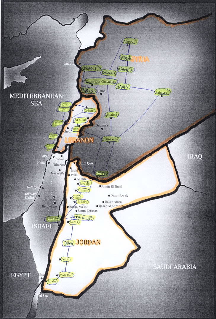 Mapa Libanon, Sýrie, Jordánsko